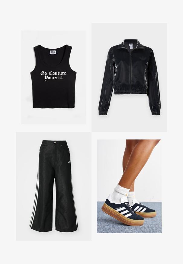 Jachetă sport neagră, lucioasă, cu fermoar, cu manșete și tiv elastic, având detalii subtile cu trei dungi pe mâneci și un logo tonal pe piept.; Juicy Couture Top - black; Pantaloni din denim negri, cu croi evazat, având trei dungi albastre pe fiecare parte și un mic logo alb. Dispune de buzunare frontale și închidere cu buton.; Adidași negri din piele întoarsă cu dungi și accente albe, vârf rotund, talpă de cauciuc gumă, asortați cu șosete albe cu model nervurat.