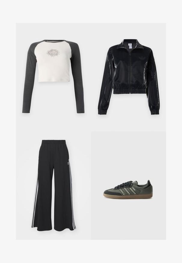 Čierna lesklá zipsová športová bunda s elastickými manžetami a spodným lemom, ktorá má jemné trojpruhové detaily na rukávoch a tonálny logotyp na hrudi.; Strihnutá košeľa s dlhým rukávom svetlo šedej farby a tmavo šedými rukávmi. Na hrudi má grafiku slnka v béžovej farbe. Materiál z bavlny.; Čierne široké teplákové nohavice s elastickým pásom, so bielymi bočnými prúžkami a výšivkou loga na ľavom stehne.; adidas Originals SAMBA OG - Tenisky - core black/legend earth/gum