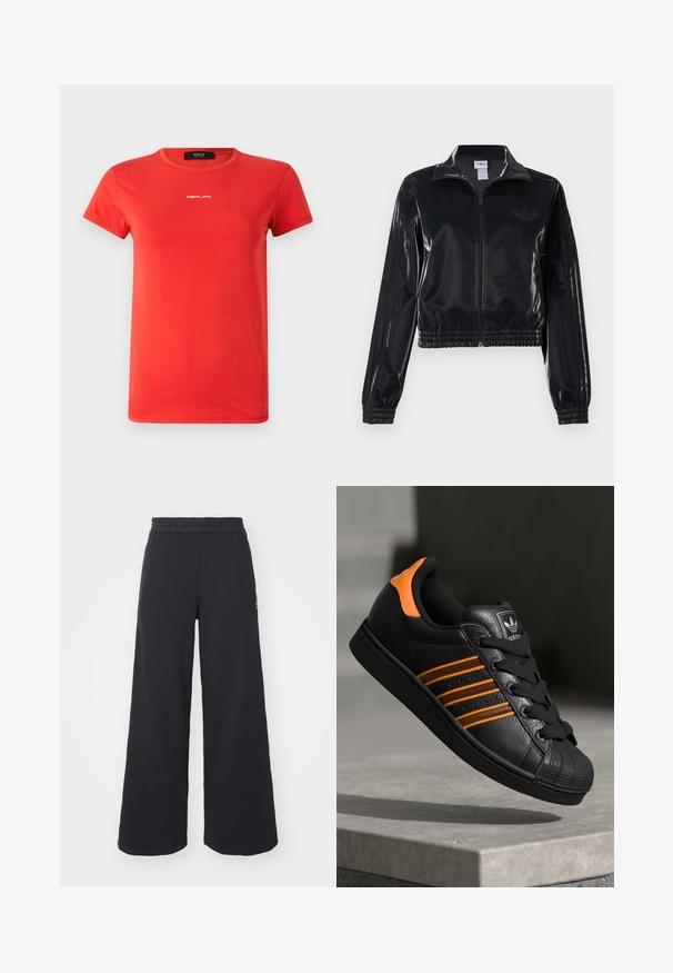 Musta kiiltävä vetoketjullinen urheilutakki, jossa on joustavat hihansuut ja helma, jossa on huomaamaton kolmitahoinen yksityiskohta hihoissa ja sävyttävä logo rinnassa.; Replay LOGO - T-paita - red; Mustat leveät collegehousut, jotka on valmistettu pehmeästä kankaasta. Niissä on elastinen vyötärö ja pieni logo vasemmalla puolella.; Musta sneaker oransseilla yksityiskohdilla, kolme vaakasuuntaista raitaa, tekstuuri-nahkapinta, kuminen varvaskansi ja mustat nauhat.