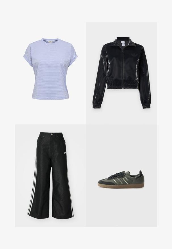Zwarte glanzende zip-up trainingsjack met elastische mouwen en zoom, met subtiele drie-strepen details op de mouwen en een tonale logo op de borst.; Lichtblauw gestreept t-shirt met een ronde halslijn, korte opgerolde mouwen en een relaxte pasvorm. Gemaakt van zachte stof met een gladde textuur.; Zwarte denim broek met wijde pijpen, voorzien van drie witte strepen aan elke zijkant en een klein wit logo. Heeft voorzakken en een knoopsluiting.; adidas Originals SAMBA OG - Sneakers laag - core black/legend earth/gum