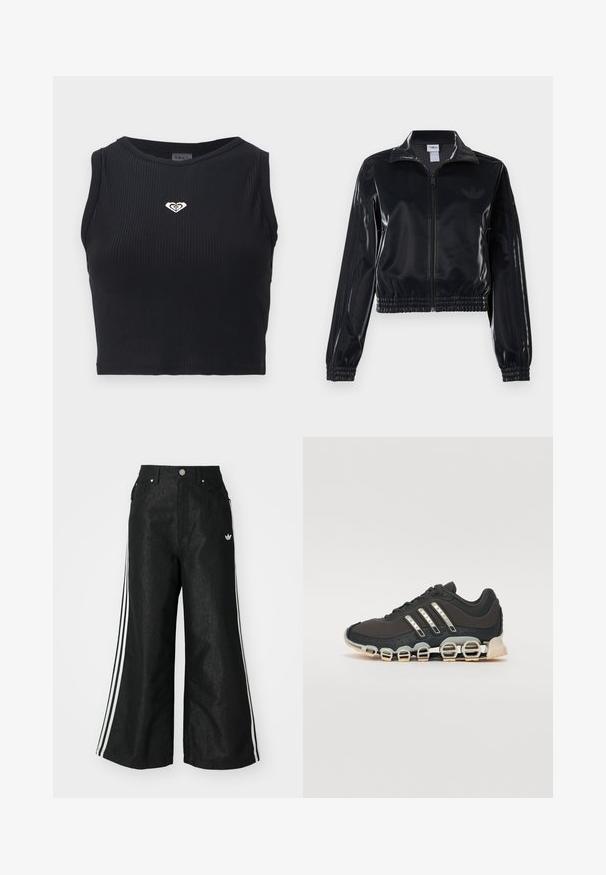 Czarna, błyszcząca kurtka sportowa na zamek błyskawiczny z elastycznymi mankietami i dołem, z subtelnym detalem w postaci trzech pasków na rękawach oraz stonowanym logo na klatce piersiowej.; Czarny prążkowany crop top z okrągłym dekoltem, z małym złotym logo w kształcie serca na piersi i dopasowanym krojem. Materiał wydaje się gładki.; Czarne dżinsy o szerokich nogawkach z trzema białymi paskami po bokach i małym białym logo. Posiadają przednie kieszenie i zapięcie na guzik.; Czarne sportowe buty z teksturowaną cholewką, trzema srebrnymi paskami i charakterystyczną podeszwą z amortyzacją, składającą się z wielu zintegrowanych sekcji.