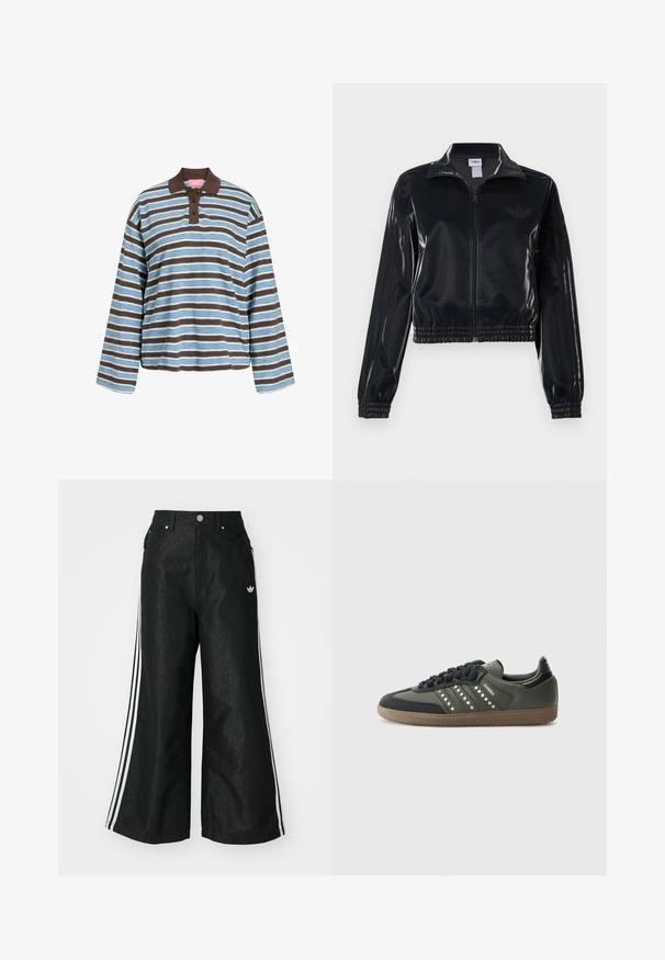 Fekete, fényes, cipzáras sportdzseki elasztikus mandzsettával és aljjal, a mára árnyalatú háromcsíkozás a ujjakon és egy tónusbeli logó a mellkason.; Csíkos, hosszú ujjú pólóing világoskék és barna színben. Barna gallérral, háromgombos záródással és laza szabással rendelkezik. Pamutból készült.; Fekete, bő szárú farmernadrág, mindkét oldalon három fehér csík díszítéssel és egy kis fehér logóval. Elölzsebekkel és gombos záródással rendelkezik.; adidas Originals SAMBA OG - Sportcipő - core black/legend earth/gum