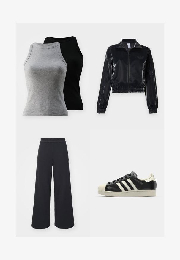 Must tume läikiv tõmblukuga spordijakk elastsete ääriste ja hemiga, millel on varrukatel peened kolmerealised detailid ja toon-on-tone logo rinnal.; Kaks ilma varrukat ribel-sinine T-särk hallis ja mustas värvitoonis. Neil on ümmargune kaelus ja naha lähedane siluett, mis on valmistatud pehmest puuvillasegust.; Mustad laiad spordipüksid, mis on valmistatud pehmest kangast, elastse vöökohtaga ja väikese logoga vasakul küljel.; Must have nahkased mustad tossud valgete triipudega, kummist varbakattega, mustade paeltega ja kreemika värvusega tallaga. Sile tekstuur ja läikiv viimistlus.