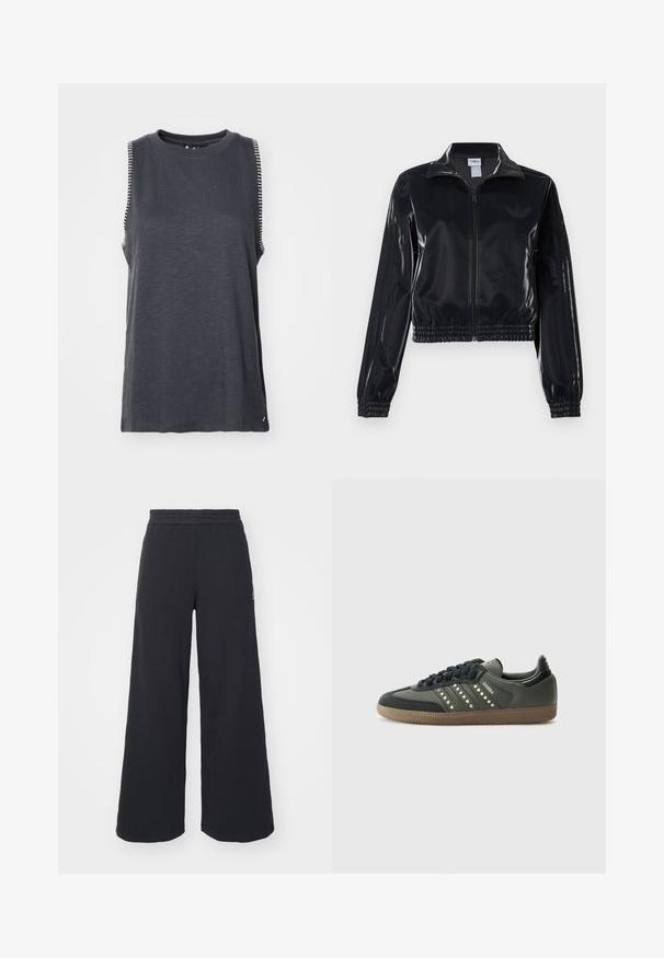Jachetă sport neagră, lucioasă, cu fermoar, cu manșete și tiv elastic, având detalii subtile cu trei dungi pe mâneci și un logo tonal pe piept.; Tricou fără mâneci de culoare gri închis, cu un decolteu rotund, având accente albe în dungi pe umeri și o croială lejeră.; Pantaloni de trening negri, cu picioare largi, confecționați dintr-un material moale, având un talie elastică și un logo mic pe partea stângă.; adidas Originals SAMBA OG - Sneakers low - core black/legend earth/gum