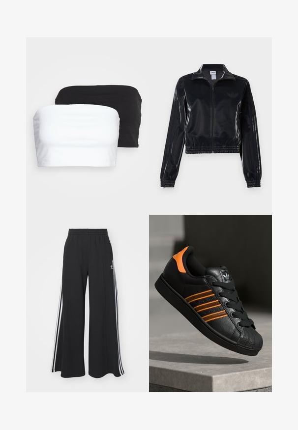 Fekete, fényes, cipzáras sportdzseki elasztikus mandzsettával és aljjal, a mára árnyalatú háromcsíkozás a ujjakon és egy tónusbeli logó a mellkason.; Két pánt nélküli crop top fekete és fehér színben, rugalmas pamut anyagból készült. Simaság jellemzi, egyszerű dizájnnal és látható varrások nélkül.; Fekete, bő szárú melegítőnadrág, rugalmas derékkal, fehér oldalsávokkal és hímzett logóval a bal combon.; Fekete sportcipő narancssárga részletekkel, három vízszintes csíkkal, texturált bőr felsőrésszel, gumis orral és fekete fűzőkkel.