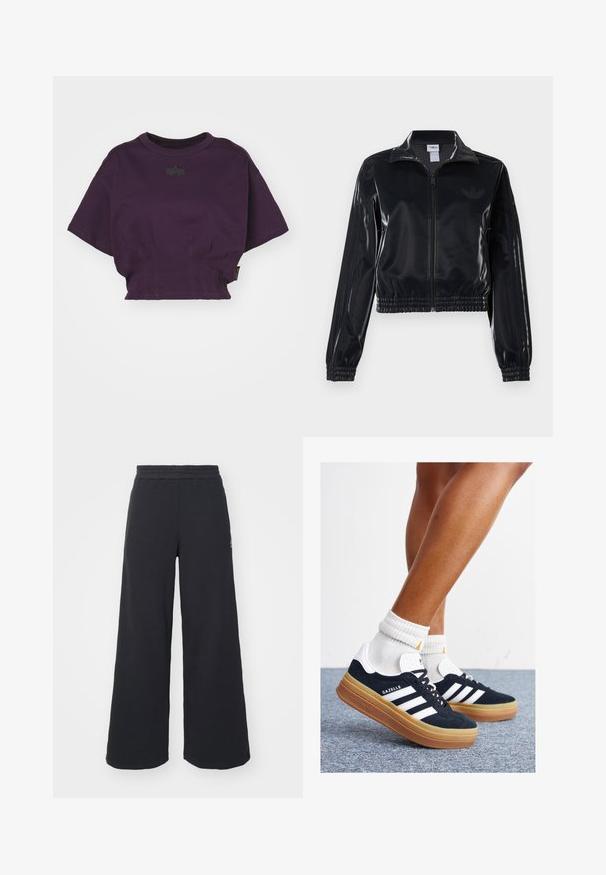 Jachetă sport neagră, lucioasă, cu fermoar, cu manșete și tiv elastic, având detalii subtile cu trei dungi pe mâneci și un logo tonal pe piept.; Alpha Industries Tricou cu imprimeu - plum; Pantaloni de trening negri, cu picioare largi, confecționați dintr-un material moale, având un talie elastică și un logo mic pe partea stângă.; Adidași negri din piele întoarsă cu dungi și accente albe, vârf rotund, talpă de cauciuc gumă, asortați cu șosete albe cu model nervurat.