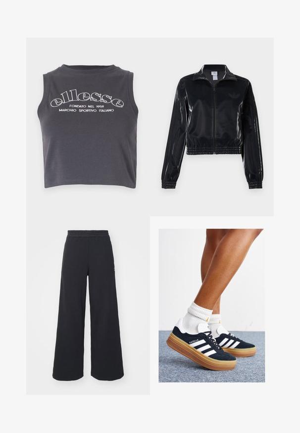 Jachetă sport neagră, lucioasă, cu fermoar, cu manșete și tiv elastic, având detalii subtile cu trei dungi pe mâneci și un logo tonal pe piept.; Top scurt de culoare gri închis, realizat din bumbac moale, având text de branding imprimat în alb și un guler rotund fără mâneci.; Pantaloni de trening negri, cu picioare largi, confecționați dintr-un material moale, având un talie elastică și un logo mic pe partea stângă.; Adidași negri din piele întoarsă cu dungi și accente albe, vârf rotund, talpă de cauciuc gumă, asortați cu șosete albe cu model nervurat.