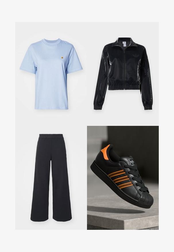Crna sjajna sportska jakna sa zatvaračem, elastičnim manžetama i donjim rubom, s diskretnim trostrukim detaljima na rukavima i toniranim logotipom na prsima.; Svijetloplava pamučna majica s kratkim rukavima, okruglim izrezom i malim izvezenim žutim logotipom na prsima. Mekana tekstura, opušteni kroj.; Crne široke sweatpants hlače napravljene od mekog materijala, s elastičnim strukom i malim logotipom s lijeve strane.; Crni tenisice s narančastim naglascima, tri horizontalne pruge, teksturirani kožni gornji dio, gumen kapica za prste i crne vezice.