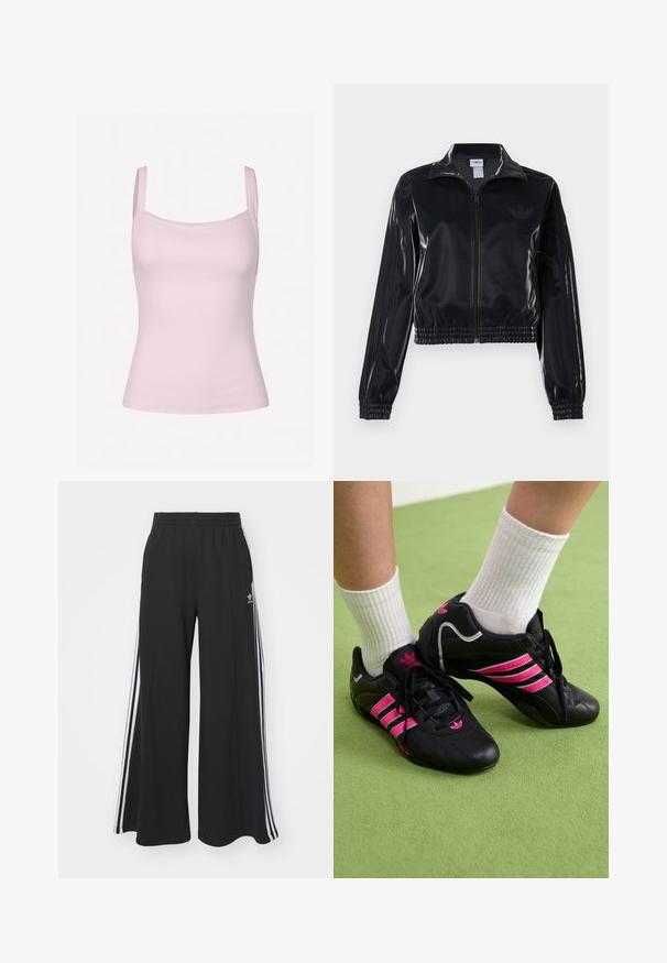 Fekete, fényes, cipzáras sportdzseki elasztikus mandzsettával és aljjal, a mára árnyalatú háromcsíkozás a ujjakon és egy tónusbeli logó a mellkason.; Világos rózsaszín bordázott trikó vékony pántokkal, amely illeszkedő fazonnal és sima textúrával rendelkezik, alkalmas rétegezésre vagy hétköznapi viseletre.; Fekete, bő szárú melegítőnadrág, rugalmas derékkal, fehér oldalsávokkal és hímzett logóval a bal combon.; Fekete sportcipők három rózsaszín csíkkal, texturált bőrfelsővel, fekete cipőfűzőkkel és logó részlettel, fehér bordás zoknikkal párosítva zöld felületen.