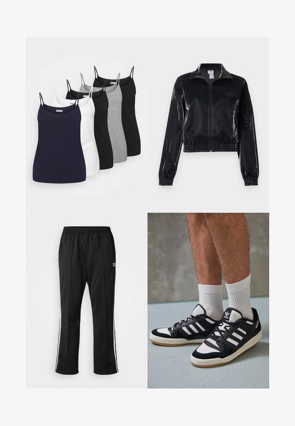 Črna sijajna zip-up trenirka z elastičnimi manšetami in robom, z diskretnimi tridelnimi detajli na rokavih in toniranim logotipom na prsih.; Pet tanke v majici v mornarsko modri, beli, sivi, črni in črni barvi, z tankimi prilagodljivimi naramnicami in prilegajočim se krojem, izdelane iz gladkega bombažnega materiala.; Črne športne hlače z elastiko v pasu, s belimi stranskimi črtami in majhnim logotipom na levem stegnu. Gladek, poliestrski material.; Črno-bele superge z zgornjim delom iz usnja in nubuka, ki imajo tri bele črte, perforiran vrh prstov in podplat iz gume.