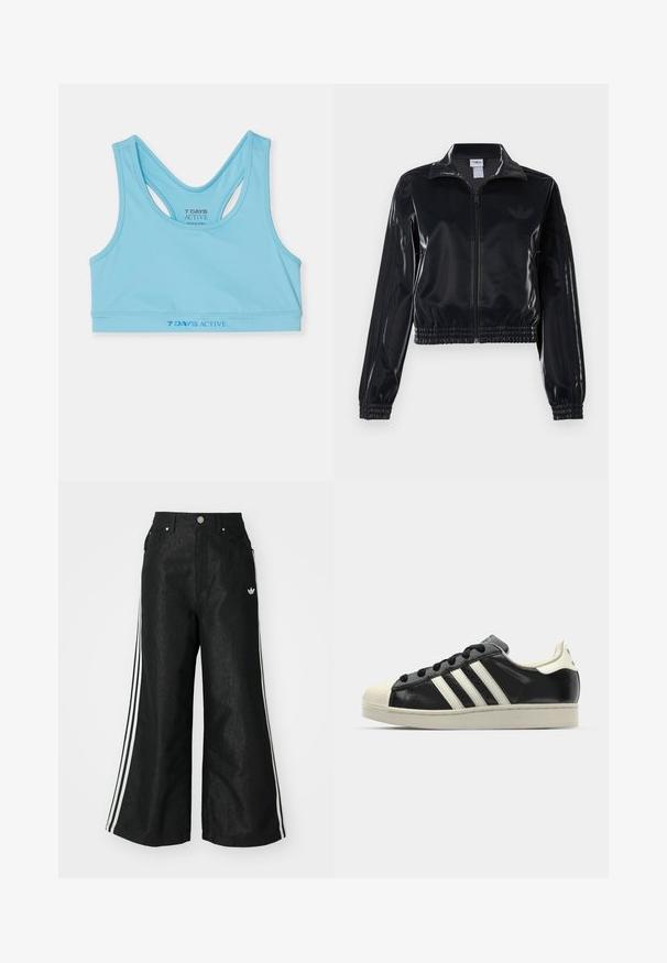 Fekete, fényes, cipzáras sportdzseki elasztikus mandzsettával és aljjal, a mára árnyalatú háromcsíkozás a ujjakon és egy tónusbeli logó a mellkason.; világoskék sport crop top, sima anyagból készült, racerback kialakítással és sötétkék logóval a deréknál.; Fekete, bő szárú farmernadrág, mindkét oldalon három fehér csík díszítéssel és egy kis fehér logóval. Elölzsebekkel és gombos záródással rendelkezik.; Fekete bőrsneaker fehér csíkokkal, gumírozott orral, fekete fűzővel és krém színű talppal. Simaság és fényes felület jellemzi.