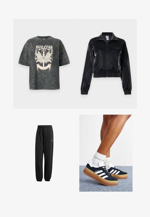 Černá lesklá sportovní bunda na zip s elastickými manžetami a lemem, s jemným trojpruhovým detailem na rukávech a tónovým logem na hrudi.; Volcom VOLTRIP TEE - Triko s potiskem - vintage black; Černé tepláky vyrobené z měkké, texturované látky. Mají elastický pas, manžety a malé bílé logo poblíž boků.; Černé semišové tenisky s bílými pruhy a detaily, zaoblenou špičkou, podrážkou z gumy barvy žvýkačky, doplněné bílými žebrovanými ponožkami ke kotníkům.