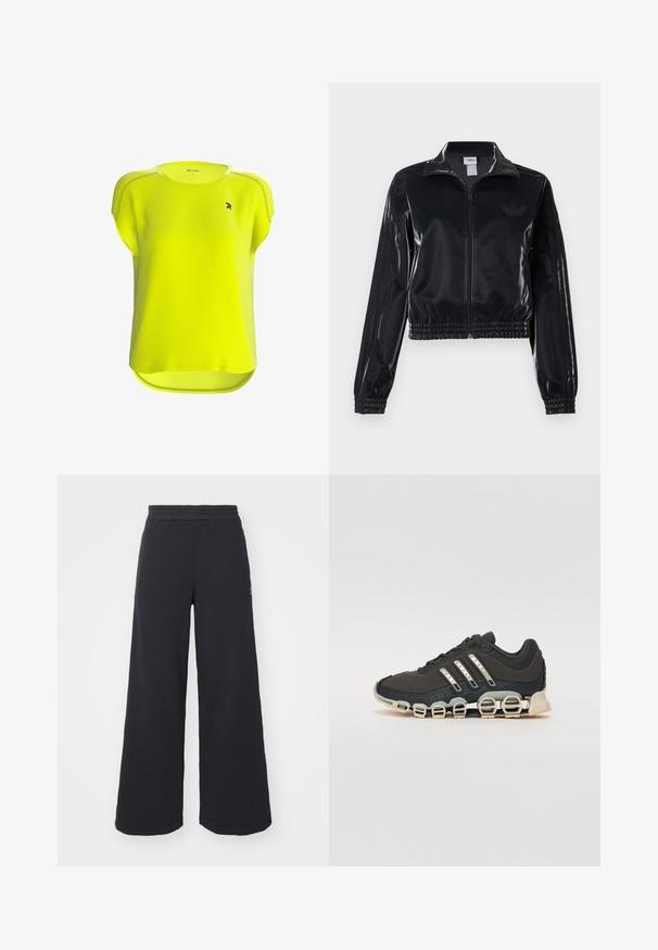 Black glossy zip-up track jacket with elastic cuffs and hem, featuring subtle three-stripe detailing on sleeves and a tonal logo on chest.; Short-sleeve, bright yellow athletic shirt with a ribbed texture, rounded neck, and a small black logo on the front.; Black wide-leg sweatpants made from soft fabric, featuring an elastic waistband and a small logo on the left side.; Black athletic shoe with a textured upper, three silver stripes, and a distinctive cushioning sole featuring multiple integrated sections.