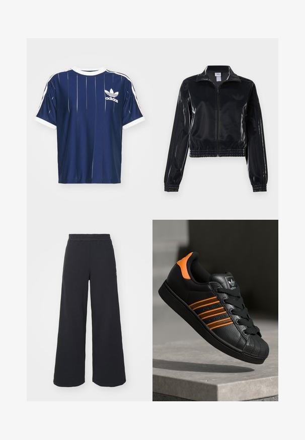 Melna spīdīga zip-up sporta jaka ar elastīgām piedurknēm un apakšmalu, ar smalku trīsrindu detaļu uz piedurknēm un tonālu logotipu uz krūšu daļas.; adidas Originals ADICOLOR 3-STRIPES PINSTRIPE - Apdrukāts T-krekls - dark blue; Melni platās svārku bikses, izgatavotas no mīksta auduma, ar elastīgu jostas daļu un mazu logotipu kreisajā pusē.; Melnas kedas ar oranžiem akcentiem, trīs horizontālas svītras, teksturēts ādas augšdaļa, gumijas purngala daļa un melnas auklas.
