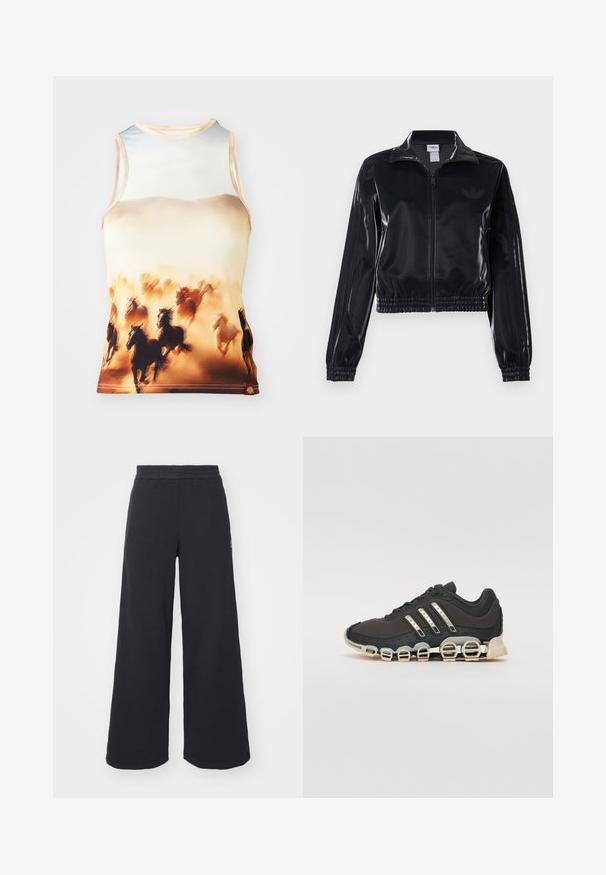 Crna sjajna sportska jakna sa zatvaračem, elastičnim manžetama i donjim rubom, s diskretnim trostrukim detaljima na rukavima i toniranim logotipom na prsima.; Top bez rukava s printom trčećih konja u smešnim i krem tonovima, izrađen od glatkog materijala, sa zaobljenim izrezom i pripijenim dizajnom.; Crne široke sweatpants hlače napravljene od mekog materijala, s elastičnim strukom i malim logotipom s lijeve strane.; Crne atletske tenisice s teksturiranim gornjim dijelom, tri srebrne pruge i posebnim potplatom s višestrukim integriranim sekcijama.