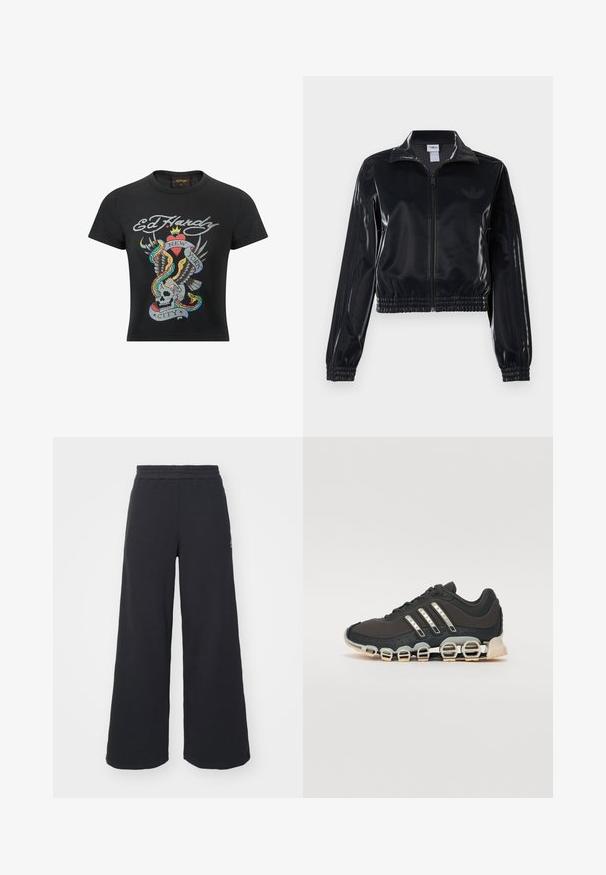 Musta kiiltävä vetoketjullinen urheilutakki, jossa on joustavat hihansuut ja helma, jossa on huomaamaton kolmitahoinen yksityiskohta hihoissa ja sävyttävä logo rinnassa.; Musta puuvillapaita, jossa on värikäs graafinen suunnittelu, jossa on pääkallo, kotka, sydän ja käärmeitä, merkitty "Ed Hardy New York City."; Mustat leveät collegehousut, jotka on valmistettu pehmeästä kankaasta. Niissä on elastinen vyötärö ja pieni logo vasemmalla puolella.; Musta urheilujalkine, jossa on teksturoitu päällinen, kolme hopeista raitaa ja erottuva vaimennustuli, jonka rakenne koostuu useista integroituista osista.