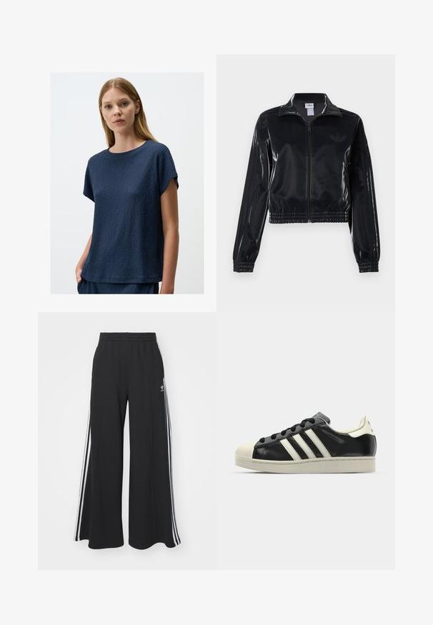 Zwarte glanzende zip-up trainingsjack met elastische mouwen en zoom, met subtiele drie-strepen details op de mouwen en een tonale logo op de borst.; Donkerblauw gestructureerd T-shirt met korte mouwen en een ronde halslijn, met een iets losser model en subtiel verhoogd patroon door de stof.; Zwarte wijde sweatpants met een elastische tailleband, met witte zijstrepen en een geborduurd logo op de linker dij.; Zwarte leren sneaker met witte strepen, rubberen teenbescherming, zwarte veters en een crèmekleurige loopzool. Glad oppervlak met een glanzende afwerking.