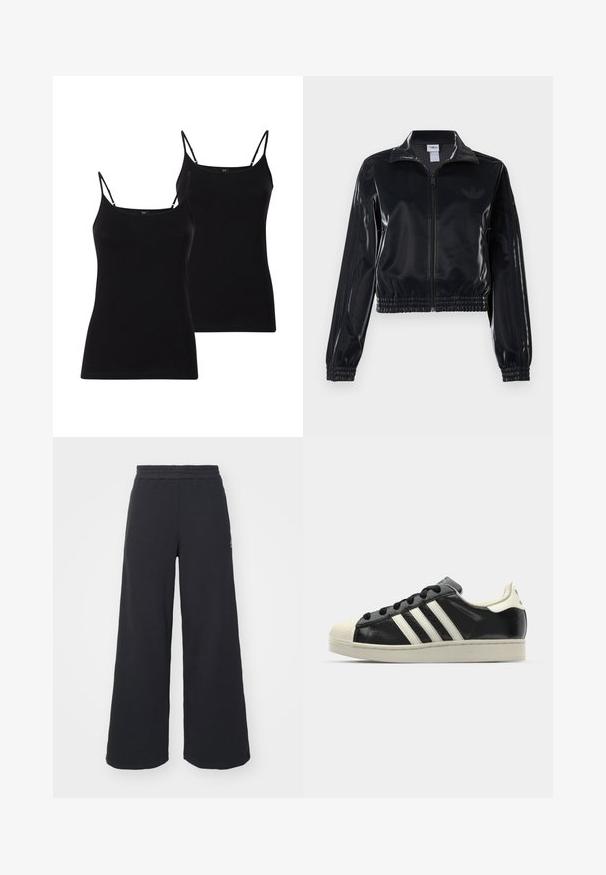 Fekete, fényes, cipzáras sportdzseki elasztikus mandzsettával és aljjal, a mára árnyalatú háromcsíkozás a ujjakon és egy tónusbeli logó a mellkason.; Két fekete pántos top, vékony pántokkal, puha anyagból készült, testhezálló fazonú, sima textúrával, tökéletes rétegezéshez.; Fekete, bő szárú melegítőnadrág, puha anyagból készült, rugalmas derékkal és egy kis logóval a bal oldalon.; Fekete bőrsneaker fehér csíkokkal, gumírozott orral, fekete fűzővel és krém színű talppal. Simaság és fényes felület jellemzi.