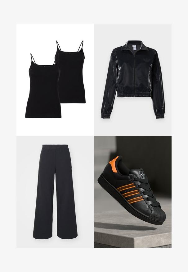 Črna sijajna zip-up trenirka z elastičnimi manšetami in robom, z diskretnimi tridelnimi detajli na rokavih in toniranim logotipom na prsih.; Dve črne kamizole s tankimi naramnicami, izdelane iz mehke tkanine, z prilegajočim dizajnom in gladko teksturo, idealne za plastenje.; Črne široke trenirke iz mehkega blaga, z elastičnim pasom in majhnim logotipom na levi strani.; Črne športne copate z oranžnimi akcenti, tremi vodoravnimi črtami, zgornjim delom iz teksturirane usnjene tkanine, gumijastim zaščitnim pokrovom za prste in črnimi vezalkami.