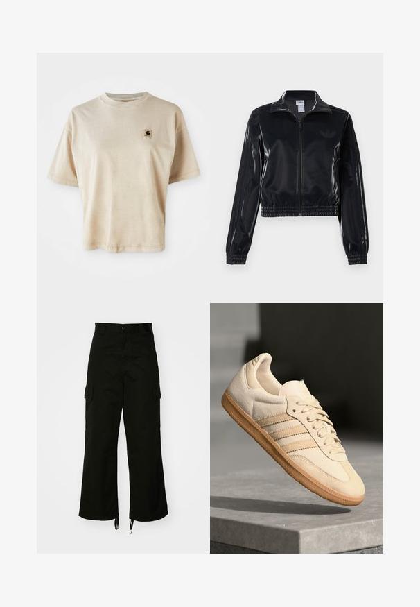 Giacca a piedi nera lucida con zip, dotata di polsini e orlo elastici, con discreti dettagli a tre strisce sulle maniche e un logo tonale sul petto.; T-shirt in cotone beige con vestibilità comoda, scollo rotondo, maniche corte e un piccolo logo quadrato sulla parte sinistra del petto.; Pantaloni cargo neri realizzati in cotone, con gamba larga, tasche laterali e orli con cordino. Il design include una chiusura con bottone in vita.; Sneaker in suede beige chiaro con suola in gomma, tre strisce diagonali e punta con texture. Presenta il logo sulla linguetta e sul lato.