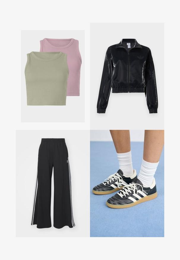 Zwarte glanzende zip-up trainingsjack met elastische mouwen en zoom, met subtiele drie-strepen details op de mouwen en een tonale logo op de borst.; Twee mouwloze geribbelde crop tops, één in lichtgroen en één in lichtroze, met een zachte textuur en ronde halslijnen.; Zwarte wijde sweatpants met een elastische tailleband, met witte zijstrepen en een geborduurd logo op de linker dij.; Zwarte leren sneakers met witte strepen, ronde neus, witte veters en een gumrubberen zool. Versterkt met een gevoerd kraag en merkdetails.