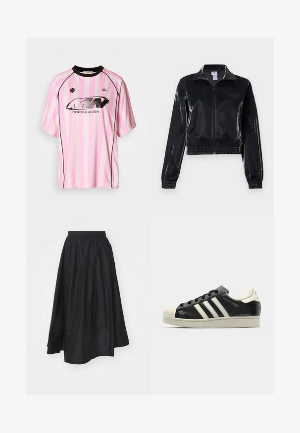 Musta kiiltävä vetoketjullinen urheilutakki, jossa on joustavat hihansuut ja helma, jossa on huomaamaton kolmitahoinen yksityiskohta hihoissa ja sävyttävä logo rinnassa.; Vaaleanpunaiset ja valkoiset raidalliset lyhythihaiset t-paidat, joissa on mustia yksityiskohtia, esittelevät kiiltävän mustan logon, jossa lukee "COPENHAGEN" sekä kukkaembleemi.; Mustat, polvipituiset hameet, jotka on valmistettu kevyestä kankaasta, jossa on joustava vyötärö ja levenevä muoto, joka mahdollistaa liikkumisen vaivattomasti.; Musta nahkasneakeri, jossa on valkoiset raidat, kuminen varvassuoja, mustat nauhat ja kermaisa ulkopohja. Suora pinta ja kiiltävä viimeistely.