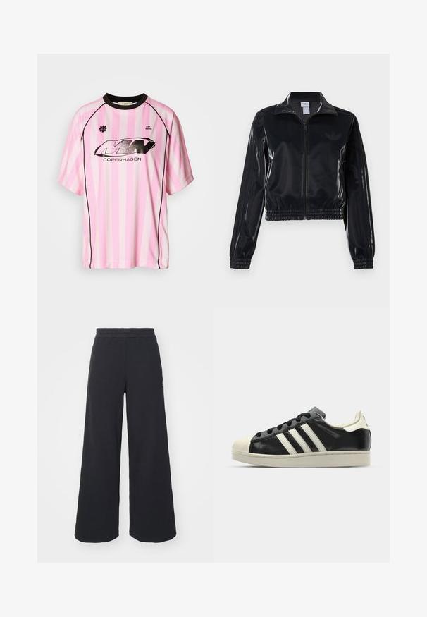 Čierna lesklá zipsová športová bunda s elastickými manžetami a spodným lemom, ktorá má jemné trojpruhové detaily na rukávoch a tonálny logotyp na hrudi.; Ružovo-biela prúžkovaná krátkosrstá dres s čiernymi akcentmi, s lesklým čiernym logom s nápisom "COPENHAGEN" a kvetinovým emblémom.; Čierne širšie tepláky vyrobené z mäkkej látky, s elastickým pásom a malým logom na ľavej strane.; Čierne kožené tenisky s bielymi pruhmi, gumenou špičkou, čiernymi šnúrkami a krémovobielou podrážkou. Hladký povrch s lesklým finišom.