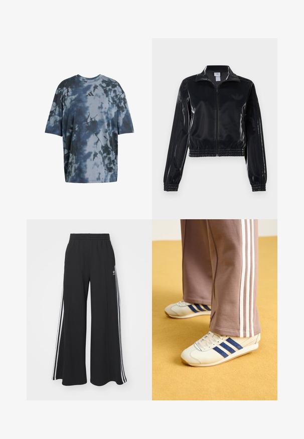 Chaqueta de chándal negra y brillante con cremallera, puños y dobladillo elásticos, que presenta un sutil detalle de tres rayas en las mangas y un logotipo tono sobre tono en el pecho.; Camiseta de manga corta en patrón tie-dye azul y gris, fabricada en un tejido suave, con cuello redondo y presenta un pequeño logotipo gris en el pecho.; Pantalones de chándal negros de pierna ancha con una cinturilla elástica, que presentan franjas blancas a los lados y un logo bordado en el muslo izquierdo.; Zapatillas de crema con rayas de ante azul, cordones blancos y suela de goma. Combinadas con pantalones de chándal grises que presentan rayas laterales blancas.