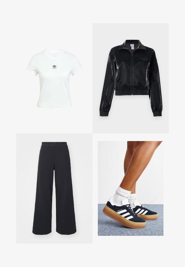 Juodas blizgus zip-up sportinis švarkas su elastinėmis rankovėmis ir apatine dalimi, su subtiliais trimis juostomis ant rankovių ir toniniu logotipu krūtinėje.; Balta medvilnės marškinėliai su trumpomis rankovėmis ir apvaliu kaklu. Krūtinėje yra juodas Adidas logotipas. Paprastas, minimalus dizainas.; Juoda plačių kojų sportinė kelnė, pagaminta iš minkštos medžiagos, su elastinga juosmens juosta ir mažu logotipu kairėje pusėje.; Juodi zomšiniai sportbačiai su baltais dryžiais ir akcentais, apvalios nosies, guminio, gumos pado, derinami su baltais raitytais vidutinio ilgio kojinaitėmis.