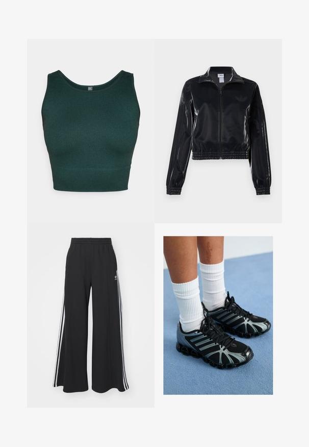 Svart, glinsende zip-up treningsjakke med elastiske mansjetter og nederkant, med subtile tre-stripes detaljer på ermene og en tonet logo på brystet.; Mørkegrønn ribbet kort tanktopp med rund hals og brede stropper, laget av et teksturert strikkemateriale.; Svart vide joggebukser med elastisk midjebånd, med hvite sidestriper og brodert logo på venstre lår.; Svarte joggesko med grå detaljer og mesh-paneler, med en teksturert såle og svarte lisser, parret med hvite ribbede sokker.