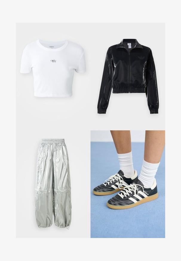 Svart, glinsende zip-up treningsjakke med elastiske mansjetter og nederkant, med subtile tre-stripes detaljer på ermene og en tonet logo på brystet.; Hvit kortermet crop topp laget av ribbete materiale. Har en subtil svart logo sentrert på brystet, rund halslinning og tettsittende design.; Sølv lette cargo-bukser med en skinnende tekstur, elastisk talje, rynkede manchetter og to store frontlommer.; Sorte lærersneakers med hvite striper, rund tå, hvite snørebånd og såle av gummigummi. Fremhevet med polstret krage og merkeinfos.