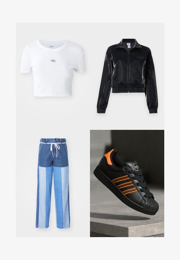 Must tume läikiv tõmblukuga spordijakk elastsete ääriste ja hemiga, millel on varrukatel peened kolmerealised detailid ja toon-on-tone logo rinnal.; Valge lühikeste varrukatega crop top, mis on valmistatud ribakanga materjalist. Omab rinnal diskreetset musta logo, ümarat kaelust ja sobivat lõiget.; Sinised teksapüksid, millel on erinevatest sinistest toonidest kokku õmmeldud mustriga, paelavöö ja laiad, sirged sääred.; Mustad mustad mustad oranzhides üksikasjad, kolm horisontaalset triipu, tekstureeritud nahk pealisosa, kummist varbaosa ja mustad paelad.