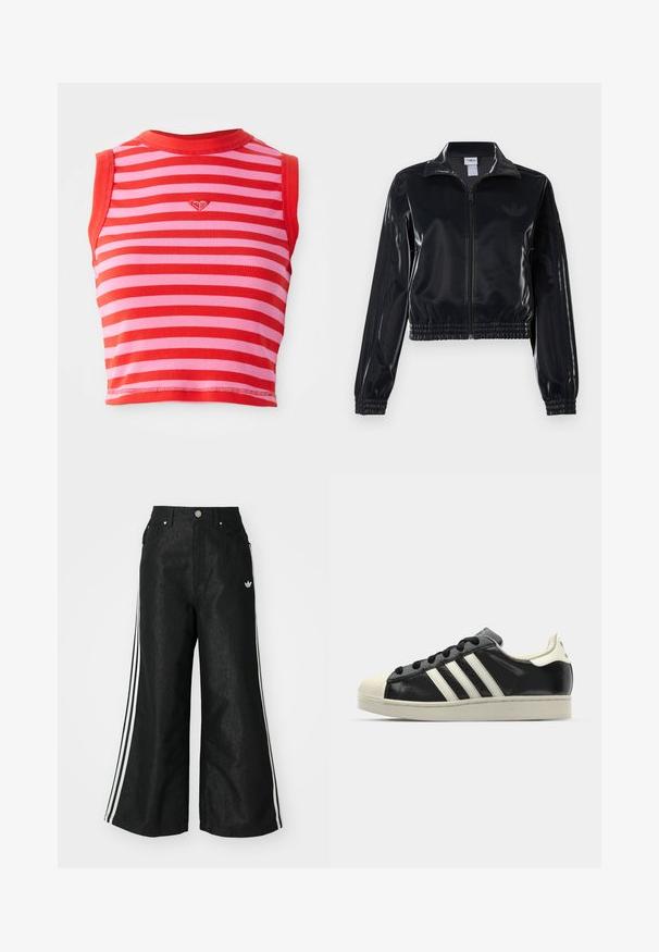Zwarte glanzende zip-up trainingsjack met elastische mouwen en zoom, met subtiele drie-strepen details op de mouwen en een tonale logo op de borst.; Rood en roze gestreepte crop top met een geribbelde textuur, voorzien van een ronde halslijn en een klein geborduurd hartdetail in het midden.; Zwarte denim broek met wijde pijpen, voorzien van drie witte strepen aan elke zijkant en een klein wit logo. Heeft voorzakken en een knoopsluiting.; Zwarte leren sneaker met witte strepen, rubberen teenbescherming, zwarte veters en een crèmekleurige loopzool. Glad oppervlak met een glanzende afwerking.