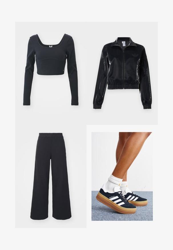 Casaco de treino preto brilhante com fecho éclair, punhos e barra elásticos, apresentando detalhes subtis de três riscas nas mangas e um logótipo tonal no peito.; Top cropped preto de mangas longas em textura canelada, com um decote amplo em forma de barco e silhueta justa, com um discreto detalhe do logótipo da marca.; Calças de fato largas, pretas, feitas de tecido macio, com uma cintura elástica e um pequeno logótipo do lado esquerdo.; Ténis de camurça preta com riscas e detalhes brancos, biqueira arredondada, sola em borracha cor de goma, combinados com meias brancas caneladas até à altura do tornozelo.