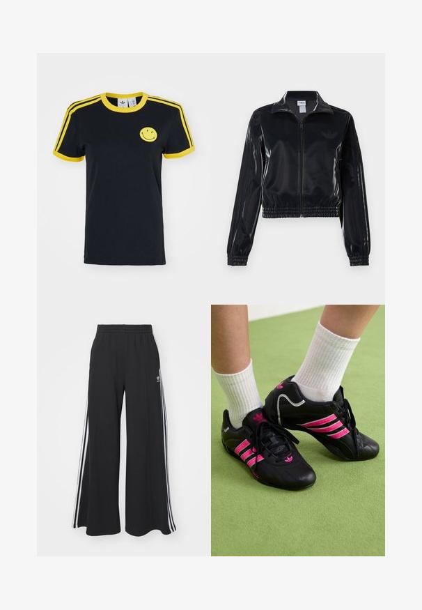 Juodas blizgus zip-up sportinis švarkas su elastinėmis rankovėmis ir apatine dalimi, su subtiliais trimis juostomis ant rankovių ir toniniu logotipu krūtinėje.; Juodas medvilninis marškinėlis su geltonu apykakle ir rankovių juostelėmis, ant krūtinės puikuojasi geltonas besišypsantis veidas. Klasikinis kirpimas, trumpomis rankovėmis.; Juodos plačios kojų džinsinės kelnės su elastingu juosmeniu, turinčios baltas šonines juosteles ir išsiuvinėtą logotipą kairiajame šlaunyje.; Juodi sportiniai bateliai su trimis rožinėmis juostelėmis, tekstūruota odinė viršutinė dalis, juodi raišteliai ir logotipo detalė, derinami su baltais raukšlėtais kojiniais ant žalios paviršiaus.