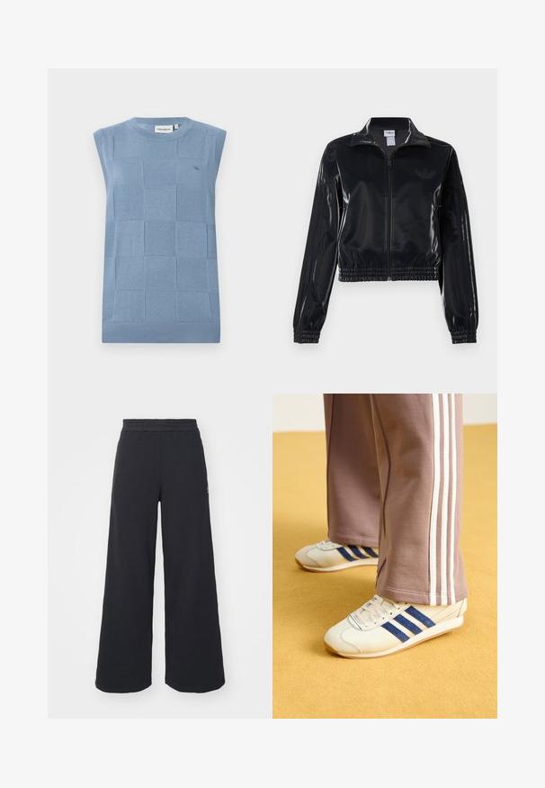 Chaqueta de chándal negra y brillante con cremallera, puños y dobladillo elásticos, que presenta un sutil detalle de tres rayas en las mangas y un logotipo tono sobre tono en el pecho.; Suéter sin mangas de color azul claro con un patrón de cuadros texturizado, cuello y dobladillo acanalados, hecho de un material de punto suave. Detalle minimalista de logo.; Pantalones de chándal negros de pierna ancha, hechos de una tela suave, con una cintura elástica y un pequeño logo en el lado izquierdo.; Zapatillas de crema con rayas de ante azul, cordones blancos y suela de goma. Combinadas con pantalones de chándal grises que presentan rayas laterales blancas.