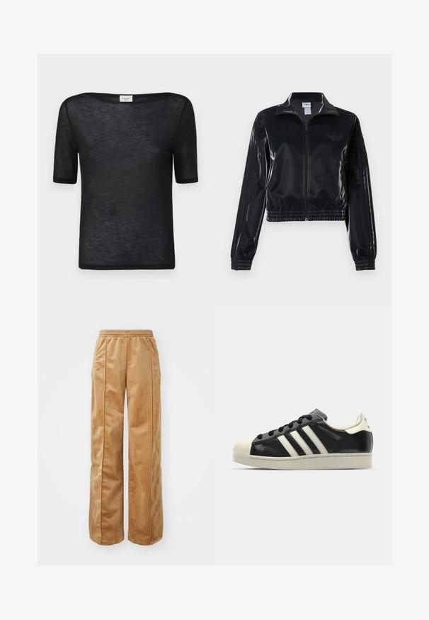 Musta kiiltävä vetoketjullinen urheilutakki, jossa on joustavat hihansuut ja helma, jossa on huomaamaton kolmitahoinen yksityiskohta hihoissa ja sävyttävä logo rinnassa.; Musta lyhythihainen t-paita, jossa on löysä, leveä kaula-aukko. Valmistettu kevyestä, läpinäkyvästä kankaasta, jolla on sileä rakenne ja yksinkertainen muotoilu.; Vaaleat leveät housut, jotka on valmistettu pehmeästä, samettimaisesta materiaalista. Varustettu joustavalla vyötärönauhalla ja pystysuorilla saumoilla etuosassa lisäyksityiskohtia varten.; Musta nahkasneakeri, jossa on valkoiset raidat, kuminen varvassuoja, mustat nauhat ja kermaisa ulkopohja. Suora pinta ja kiiltävä viimeistely.