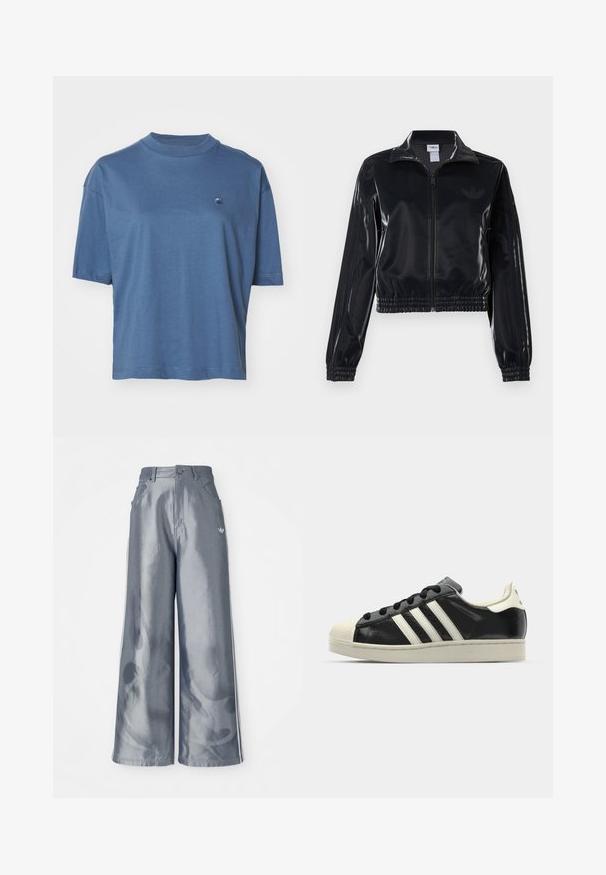 Črna sijajna zip-up trenirka z elastičnimi manšetami in robom, z diskretnimi tridelnimi detajli na rokavih in toniranim logotipom na prsih.; Carhartt WIP CHESTER - Navadna majica - positano; Hlače širokega kroja iz sijočega sivega materiala, z belimi bočnimi črtami in vzorcem ognjene na spodnjem delu nogavic. Zapenjanje z gumbom in zadrgo v predelu pasu.; Črne usnjene superge z belimi črtami, gumijastim pokrovom za prste, črnimi vezalkami in kremasto obrobo podplata. Gladka tekstura z sijočim zaključkom.