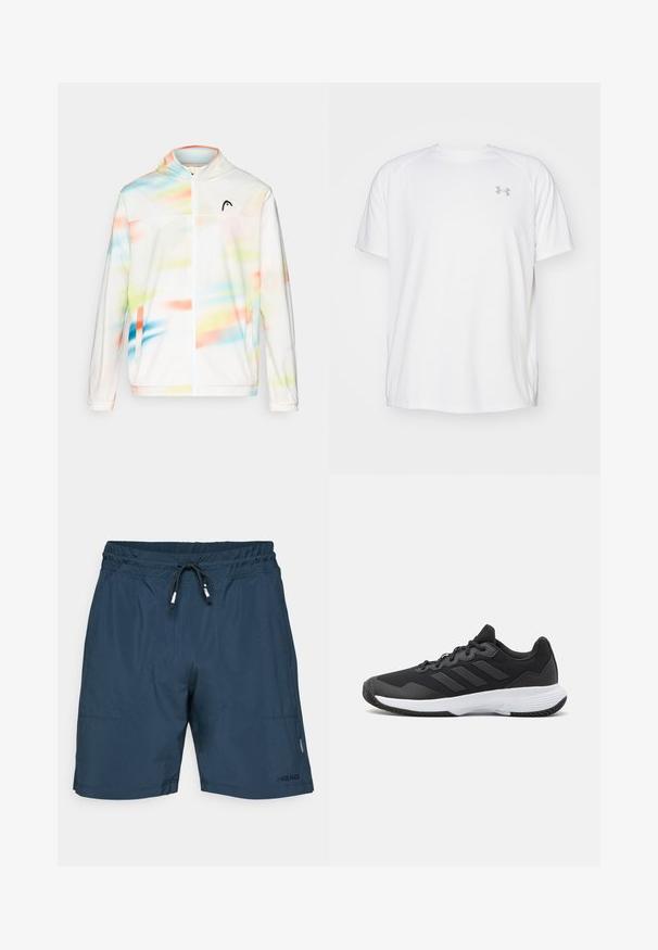 Chaqueta cortavientos con capucha en blanco, que presenta un patrón abstracto colorido con tonos de azul, verde, rosa y naranja, y un cierre frontal.; Camisa atlética de manga corta blanca, hecha de tejido suave. Presenta un cuello redondo y un logo gris en el lado izquierdo del pecho, con aberturas laterales en el dobladillo.; Bañadores azul marino hechos de tejido ligero con cintura elástica, cierre con cordón y bolsillos laterales. Logo de la marca visible.; Zapatilla deportiva negra con una parte superior texturizada, tres franjas horizontales y una suela blanca con un dibujo en su superficie. Diseño ligero y aerodinámico.