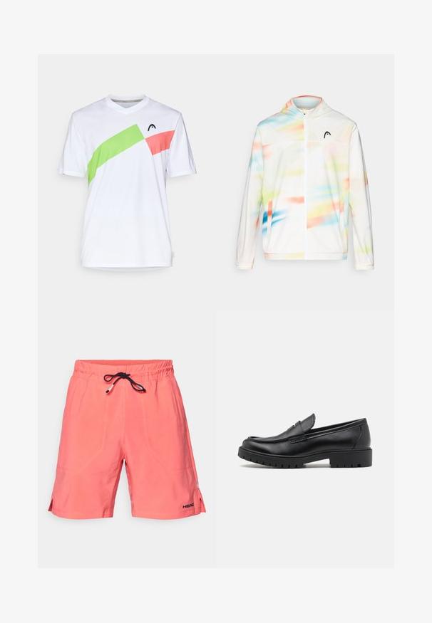 Balta vėjui atspari striukė su gobtuvu, puošta spalvingu abstrakčiu raštu, kuriame dominuoja mėlyna, žalia, rožinė ir oranžinė spalvos, ir su priekiniais užtrauktukais.; Balta sportinė marškinė su v-kaklu, papuoštos žalios ir rožinės spalvų įstrižais akcentais. Pagaminta iš lengvos, kvėpuojančios medžiagos.; Koralinės maudymosi šortai, pagaminti iš lengvos medžiagos, su elastine juosta ir juodu išoriniu raišteliu, turintys šoninius įpjovimus ir logotipo detalę.; Juodos odinės loferių suapvalintu nosimi, lengvai užmaunamu dizainu ir storu guminiu padu, turinčiu tekstūruotą sukibimą. Pakeltas kulnas ir subtilios siuvimo detalės.