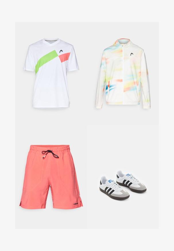 Kapucnis széldzseki fehér színben, színes absztrakt mintázattal, kék, zöld, rózsaszín és narancs árnyalatokban, elől cipzárral.; Fehér sportpóló V-nyakkal, zöld és rózsaszín átlós díszítéssel. Könnyű, lélegző anyagból készült.; Korall színű fürdőnadrág könnyű szövetből, elasztikus derékpánttal és külső fekete zsinórral, oldalsó hasítékokkal és logó részlettel.; Fehér bőr felsőrészes sportcipő, szürke velúrból készült orral és három fekete csíkkal. Jellemzője a kék logó a nyelvén és egy texturált gumitalp.