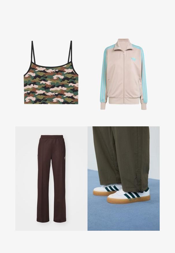 Lichtbeige ritsjack met turquoise strepen langs de mouwen, ribbelboorden en kraag; heeft een geborduurd logo op de linkerkant van de borst.; Camo crop top met groene, bruine en roze patronen. Gemaakt van zachte stof met dunne verstelbare bandjes en een zwarte rand.; Bruine sportieve broek met een elastische tailleband, twee zijzakken en een klein logo aan de linkerzijde, gemaakt van een zachte stof.; Witte sneakers met groene strepen, met rubberen zolen van gum, gecombineerd met olijfgroene, tapering broek met enkelsluiting.