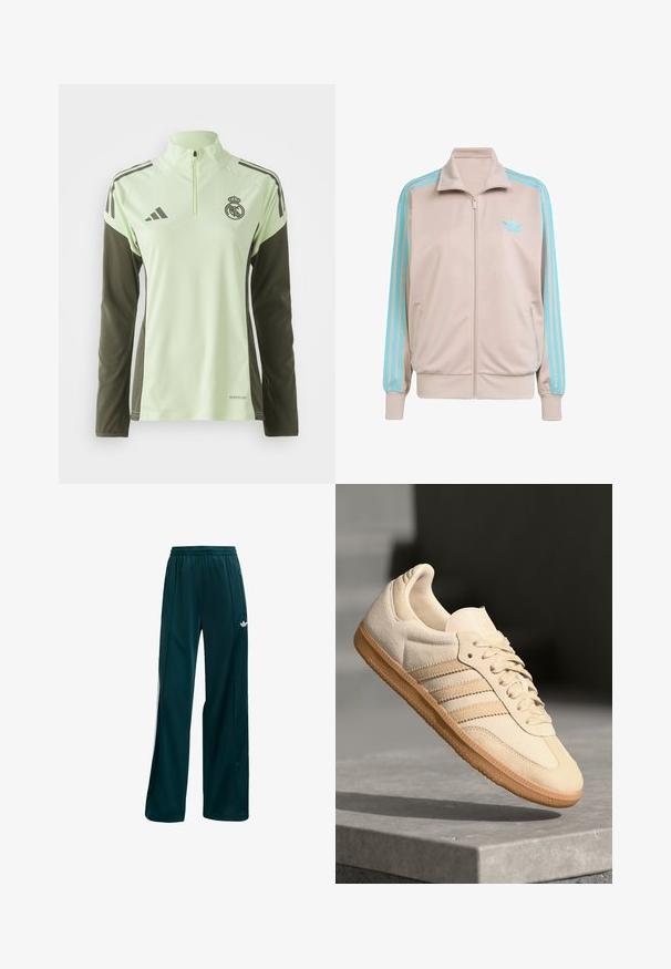 Heledadbeži vetjakk, millel on türkiissinised triibud varrukatel, soonikkoes mansetid ja krae; vasakus rinnas on embleem.; Hele roheline sportlik särk tume roheliste varrukatega, veerandipikkuses tõmblukk ja valged triibud; särgil on logo rinnal ja AeroReady bränding.; Tumedateal sportlikud püksid, mis on valmistatud kergest kangast, lihtsa disaini, elastse vöökoha ja valgete külgaksentidega.; Hele beeži sueded spordijalatsid, millel on kummist välistald, kolm diagonaalset triipu ja tekstuuriga varvaste katus. Omab logo keelel ja külgedel.