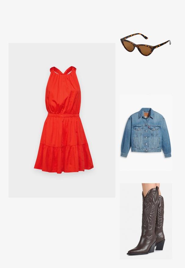 Light blue denim jacket with a classic design, button front, and two chest pockets. Features a pointed collar and slightly oversized sleeves.; Red sleeveless dress with a fitted bodice, elastic waist, and tiered ruffle skirt. Made from lightweight material with a smooth texture.; Brown leather cowboy boots with pointed toe and block heel, featuring detailed stitching and raised accents on the shaft.; Cat-eye sunglasses with a black and orange tortoiseshell frame, brown lenses, and sleek, pointed tips. Features a minimal logo on the temple.