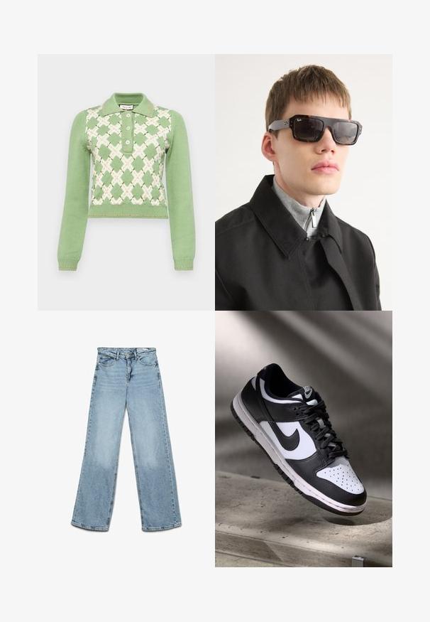 Veste en denim bleu clair au design classique, fermeture à boutons à l'avant et deux poches poitrine. Dotée d'un col pointu et de manches légèrement oversize.; Pull en tricot vert clair avec un motif en losange blanc et des accents orange. Il présente un col et une patte de boutonnage à trois boutons.; Jean large bleu clair, en denim, avec un design classique à cinq poches et une coupe droite avec un délavage minimal sur les jambes.; Sneaker Nike Dunk Low en noir et blanc avec tige en cuir, boîte à orteils perforée et lacets noirs, dotée d'une semelle blanche et d'accents de logo.; Lunettes de soleil en écaille de tortue avec des accents noirs et une forme rectangulaire. Les branches grises portent le logo de la marque. Portées avec un manteau noir et un haut gris à col montant.