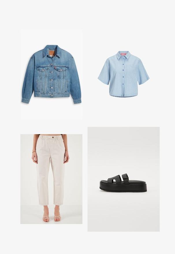 Veste en denim bleu clair au design classique, fermeture à boutons à l'avant et deux poches poitrine. Dotée d'un col pointu et de manches légèrement oversize.; Chemise à manches courtes rayée bleu et blanche avec un col, une poche avant et une fermeture à boutons. Le tissu semble léger et lisse.; Pantalons beige clair avec une ceinture élastique, dotés d'un bouton à l'avant, de jambes fuselées et de poignets retroussés. Fabriqués à partir d'un tissu lisse et texturé.; Sandales à plateforme noires avec deux larges brides, en matériau lisse. Présentent une semelle épaisse avec un dessous texturé pour l'adhérence.