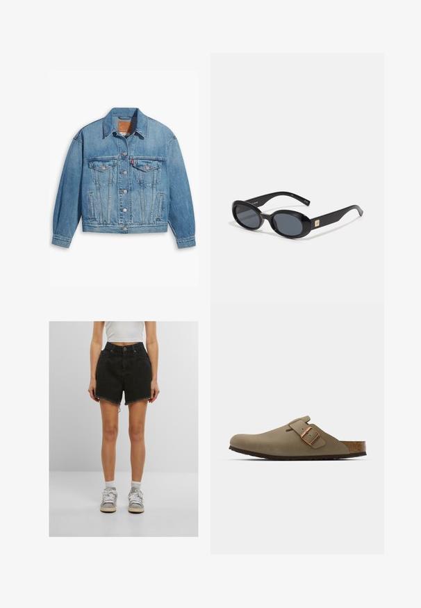 Svijetloplava traper jakna klasičnog dizajna, s gumbima sprijeda i dva džepa na prsima. Ima oštri ovratnik i malo oversize rukave.; Bijela pamučna majica s kratkim rukavima, okruglim izrezom, opuštenog kroja, bez vidljivih uzoraka ili grafika. Glatka tekstura i jednostavan dizajn.; Crne traper kratke hlače visokog struka, s neurednim rubom i bočnim džepovima, uparene s bijelim tenisicama i čarapama do gležnja.; Smeđi drvenjaci s glatkom, mat površinom. Imaju istaknut brončani kopču s jedne strane. Korkana unutrašnjost i gumeni potplat za udobnost.; Crne ovalne sunčane naočale s tamnim staklima, sjajnim plastičnim okvirom, širokim krakovima i malim zlatnim detaljem s jedne strane.