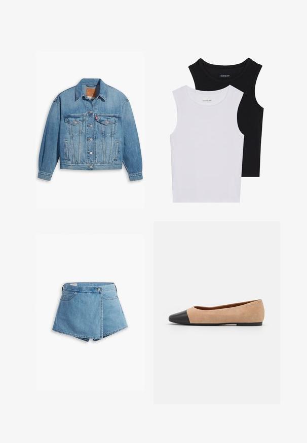 Uma jaqueta de denim azul claro com um design clássico, frente com botões e dois bolsos no peito. Apresenta um colarinho pontiagudo e mangas ligeiramente oversized.; Duas blusas sem mangas em preto e branco, feitas de algodão canelado, com decotes redondos e um design ajustado. Etiquetas visíveis em ambas.; Bermuda de ganga em azul claro, com um design envolvente, bolsos frontais e fecho com botão metálico. Textura suave com bordas cosidas.; Bailarina em suede bege com biqueira arredondada em couro preto, salto baixo e textura suave, apresentando costura mínima e um design clean.