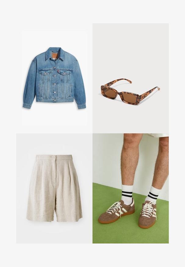 Chaqueta de denim azul claro con un diseño clásico, cierre de botones en el frente y dos bolsillos en el pecho. Presenta un cuello puntiagudo y mangas ligeramente oversize.; Top de manga larga en tejido color crema, con un ligero fruncido a los lados y un cuello clásico. Textura suave, diseño sencillo.; Pantalones cortos de lino beiges con cierre de botón, frente plisado y bolsillos laterales. La tela tiene un acabado texturizado, ofreciendo un ajuste relajado.; Zapatillas de ante marrón con acentos y cordones blancos. Suela de goma color caramelo. Usadas con calcetines blancos con rayas negras. Suelo texturizado verde.; Gafas de sol de carey con lentes marrones rectangulares, un marco grueso y patillas delgadas que presentan un patrón de diferentes tonos de marrón.
