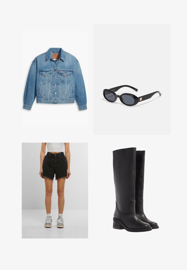 Világoskék farmerdzseki klasszikus dizájnnal, gombos elülső részel és két mellzsebbel. Felszereltsége között szerepel egy hegyes gallér és enyhén túlméretezett ujjak.; Fehér ujjatlan top négyzetes nyakkivágással, sima textúrával és testhezálló fazonnal. Könnyű anyagból készült.; Fekete farmer rövidnadrág magas derekkal, nyers szélekkel és oldalsó zsebekkel, fehér sportcipőkkel és bokazoknival párosítva.; Fekete bőr, térdfelett érő csizmák sima textúrával, kerek orral és vastag sarokkal. Finom varrásokkal és letisztult dizájnnal rendelkezik.; Fekete, ovális napszemüveg sötét lencsékkel, fényes műanyag kerettel, széles szárakkal és egy apró arany díszítéssel az egyik oldalon.